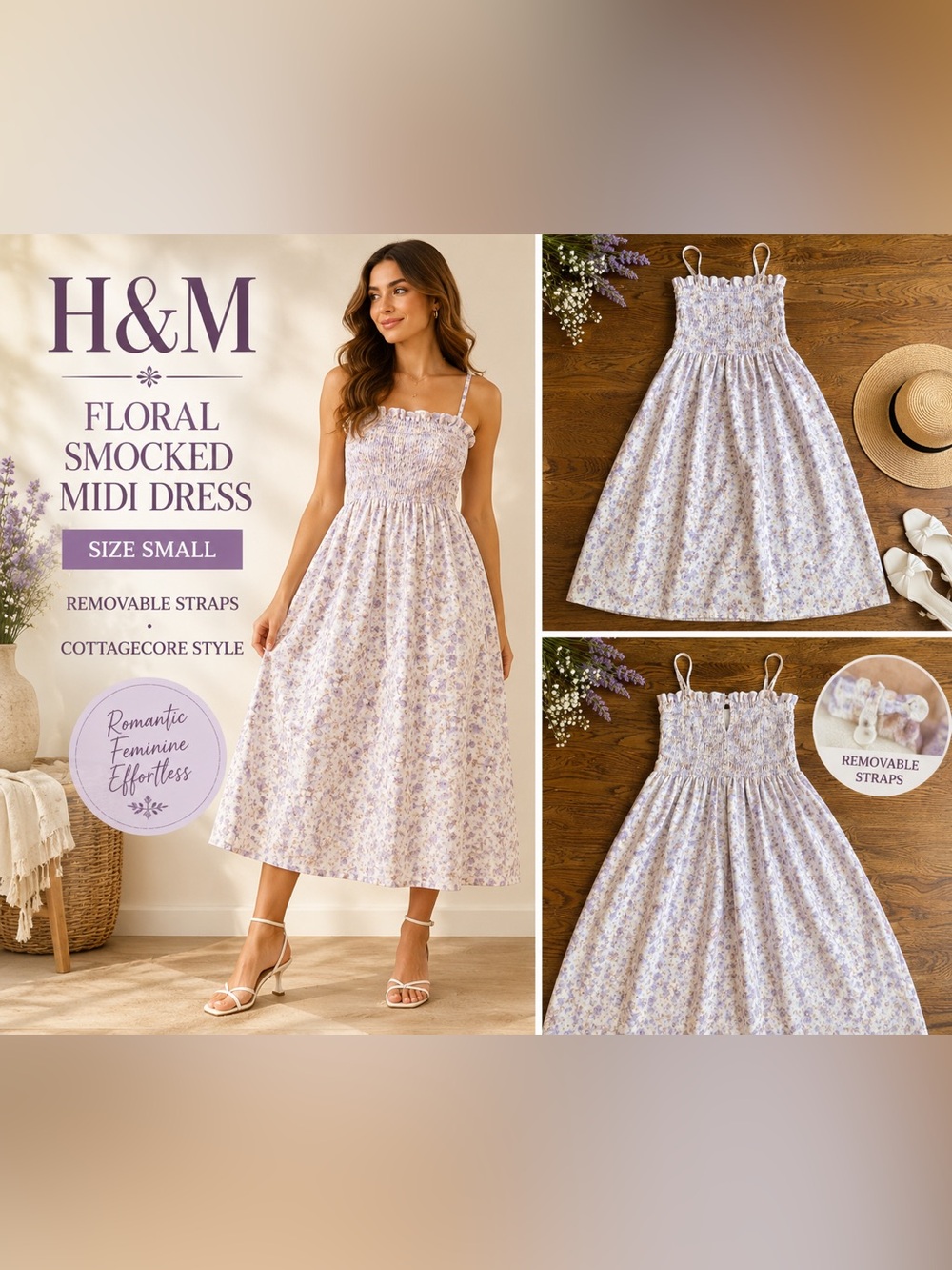 H&M Floral Smocked Midi Dress Size Small Lavender Cottagecore Removable Straps